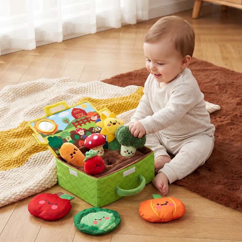 Montessori Garden Sensory Toy for Babies ā Plush Fruit & Vegetable Set with Rattle, Mirror & Squeaker