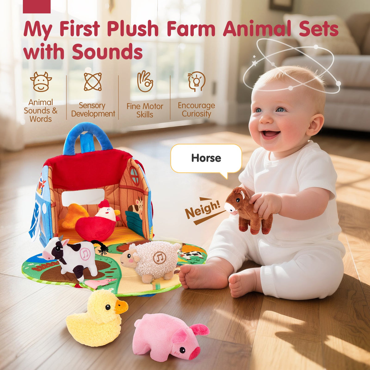 Montessori Musical Plush Barn Interactive Farm Animal Playset for Babies & Toddlers