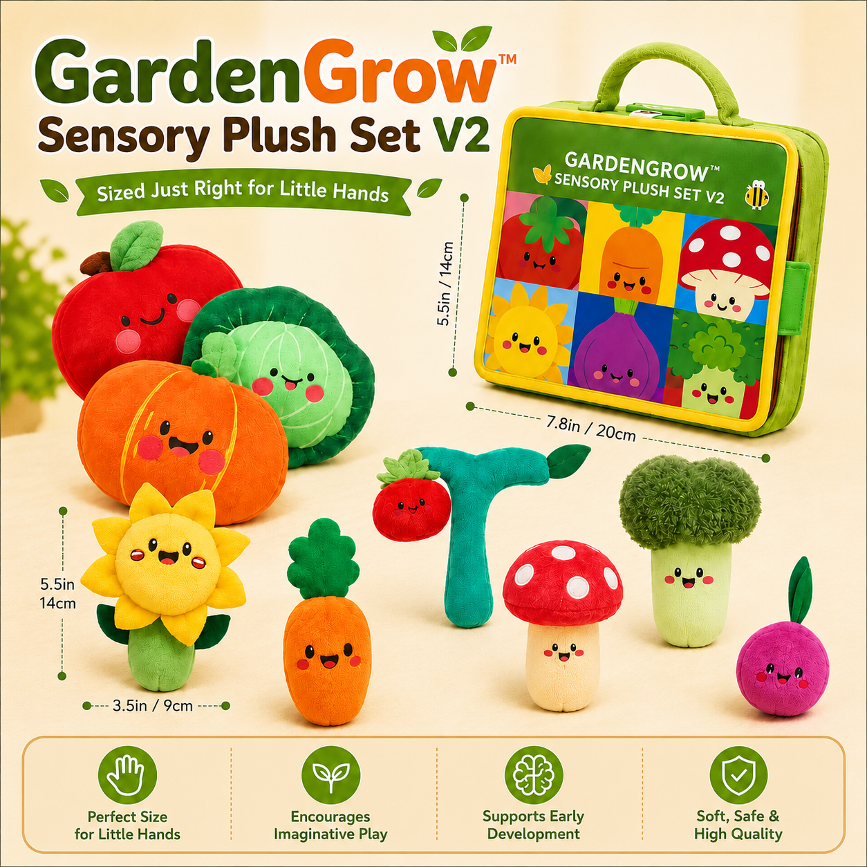 Montessori Garden Sensory Toy for Babies – Plush Fruit & Vegetable Set with Rattle, Mirror & Squeaker