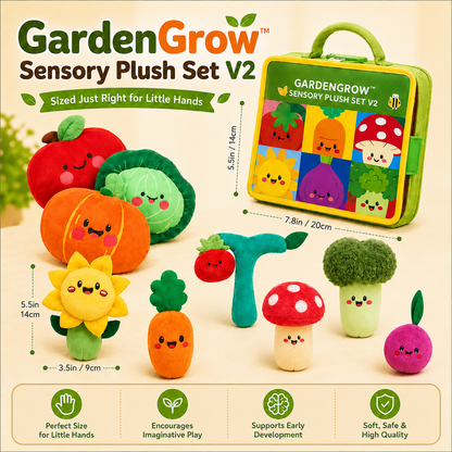Montessori Garden Sensory Toy for Babies – Plush Fruit & Vegetable Set with Rattle, Mirror & Squeaker