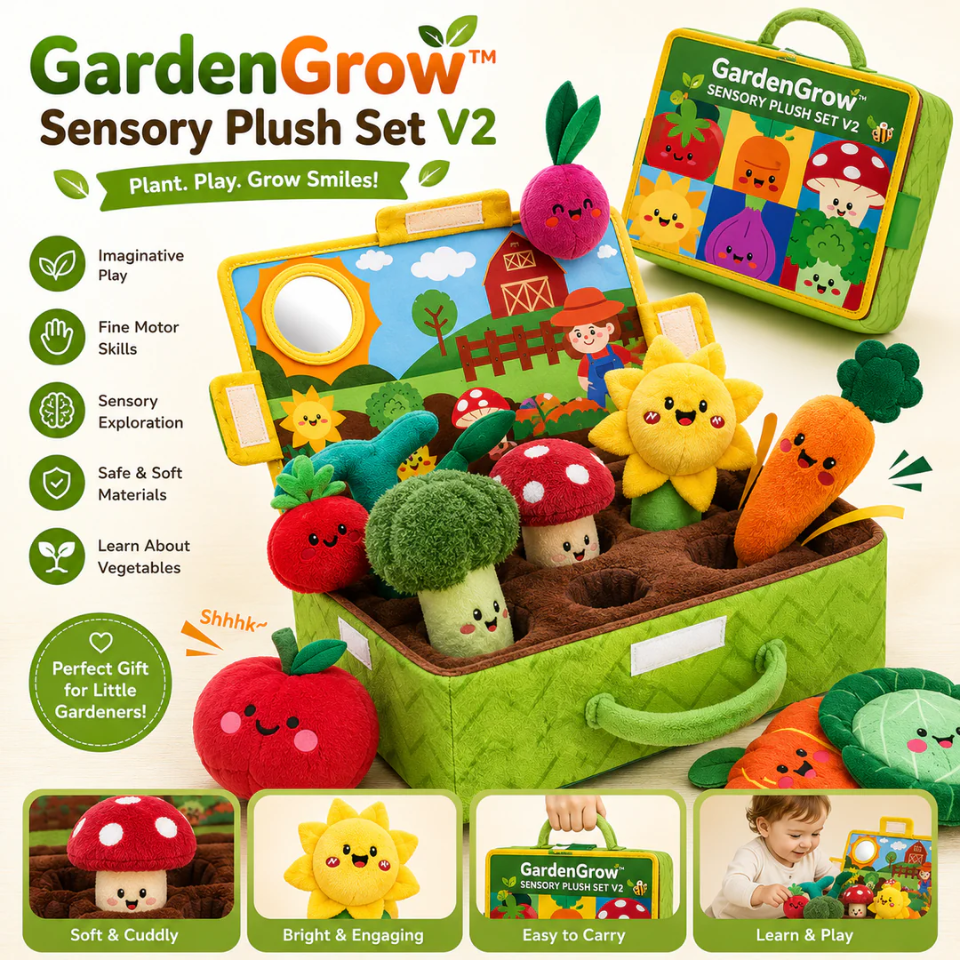 Montessori Garden Sensory Toy for Babies – Plush Fruit & Vegetable Set with Rattle, Mirror & Squeaker