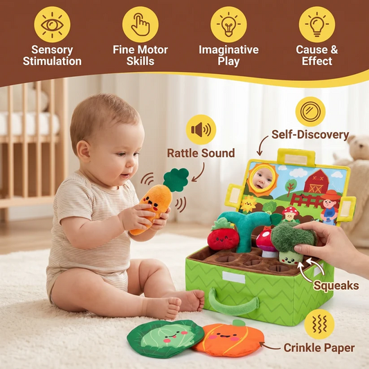 Montessori Garden Sensory Toy for Babies – Plush Fruit & Vegetable Set with Rattle, Mirror & Squeaker
